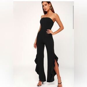 Black Jumpsuit; Strapless midnight ruffle black jumpsuit